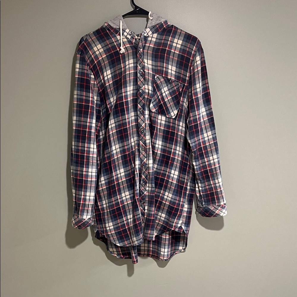 hippie laundry Plaid Hooded Button-Down Shirt - Navy, Red & White